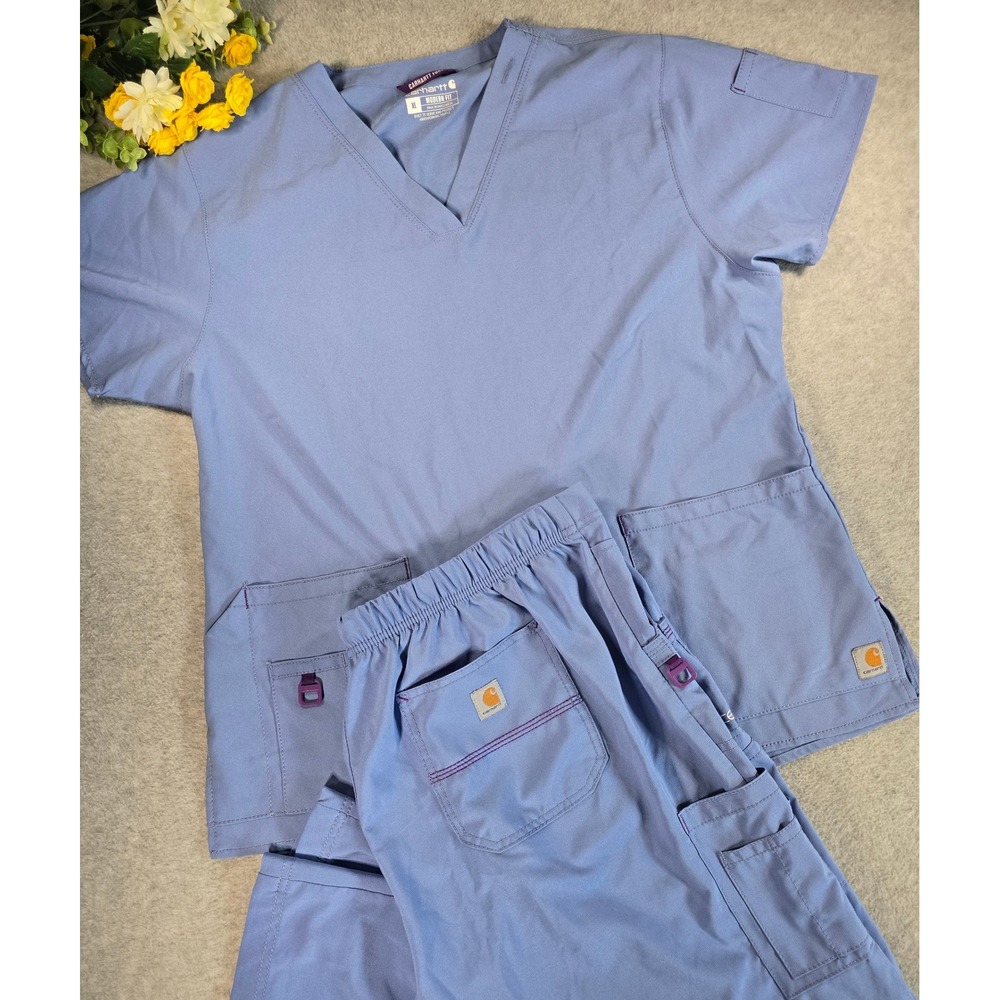 Carhartt Force Scrub Set Women XL Blue Medical V-Neck Cargo Pants C12110 C52110